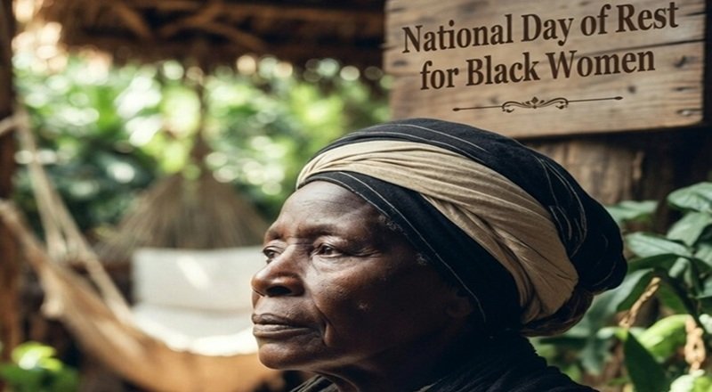 Photorealistic elderly Harriet Tubman in serene restful setting, headwrap & shawl, calm gaze, hammock & greenery behind, wooden sign reads "National Day of Rest for Black Women" above vibrant produce baskets.